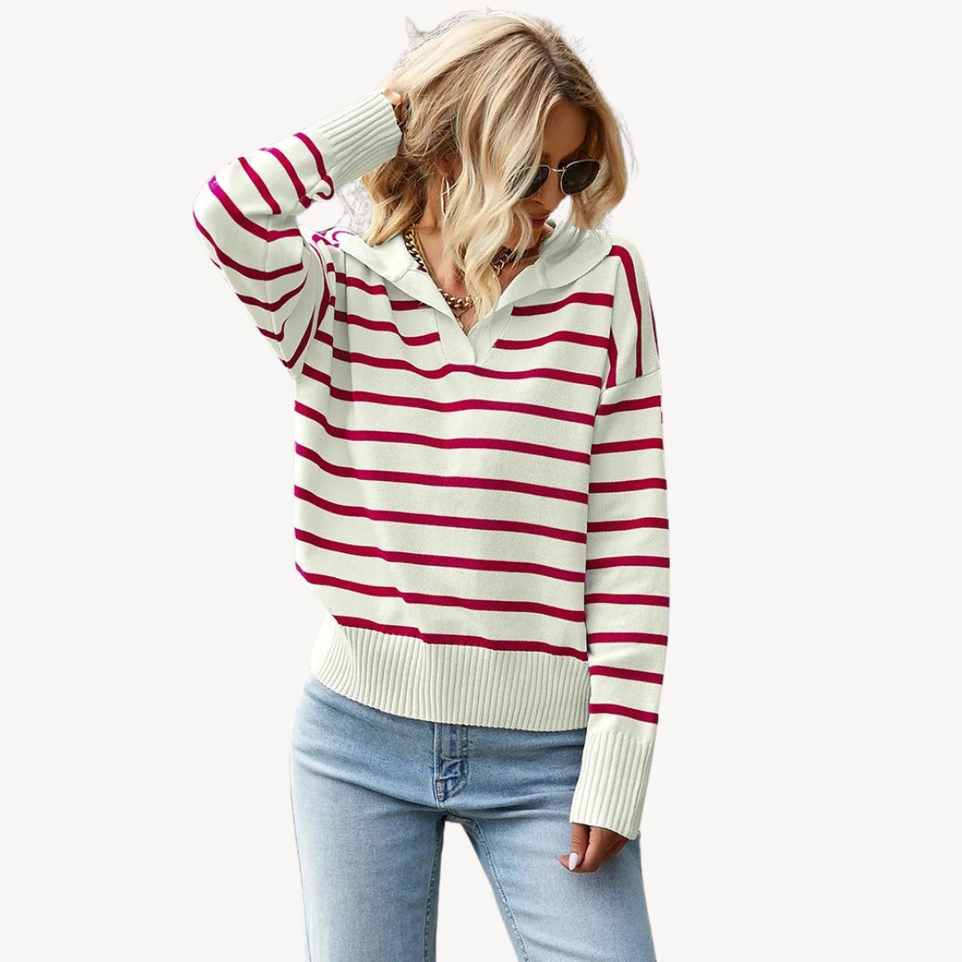 VogeLuxe | Women’s Striped V-Neck Polo Knit Sweater