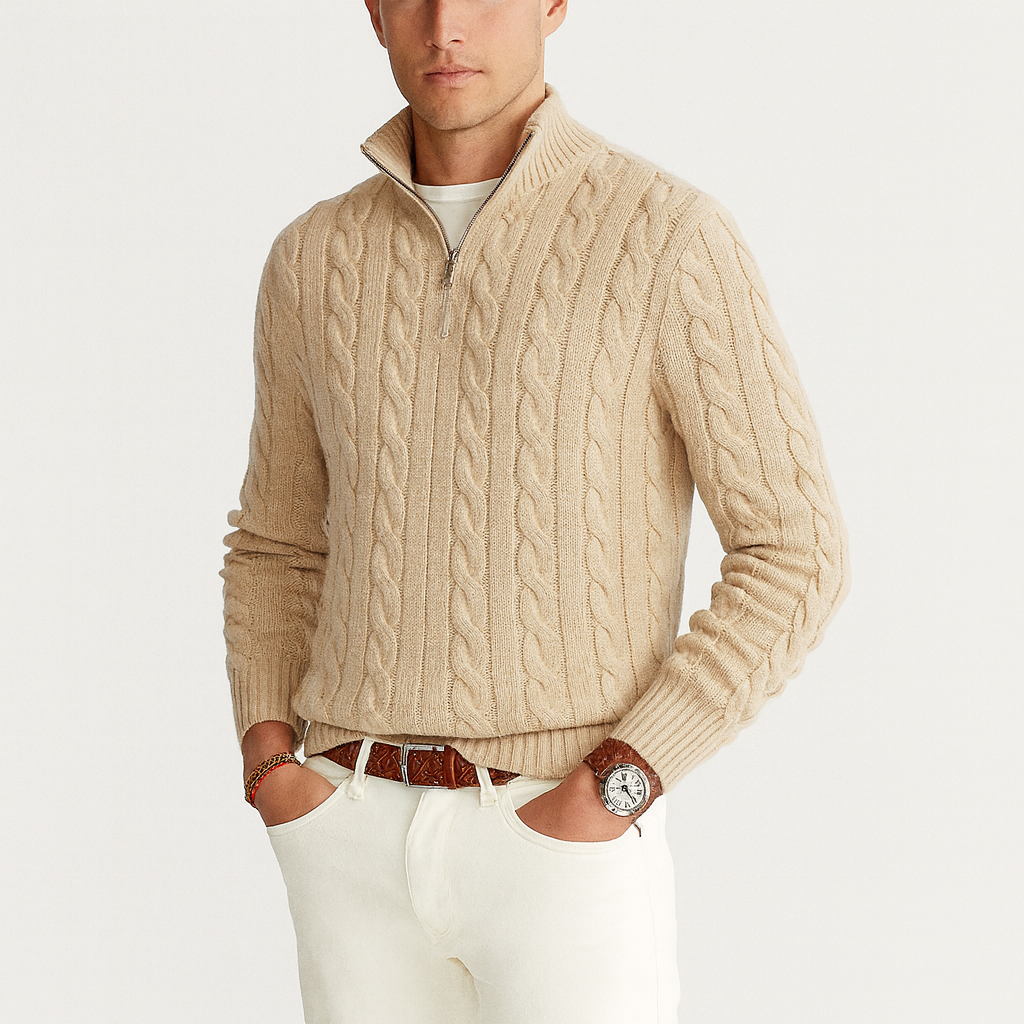 VogeLuxe | Men’s Long Sleeve Quarter Zip Cable Knit Sweater