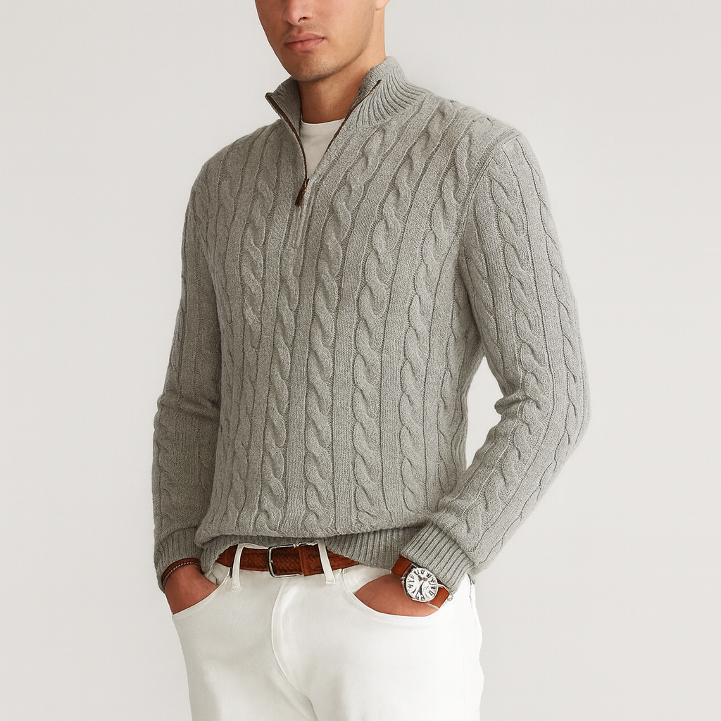 VogeLuxe | Men’s Long Sleeve Quarter Zip Cable Knit Sweater