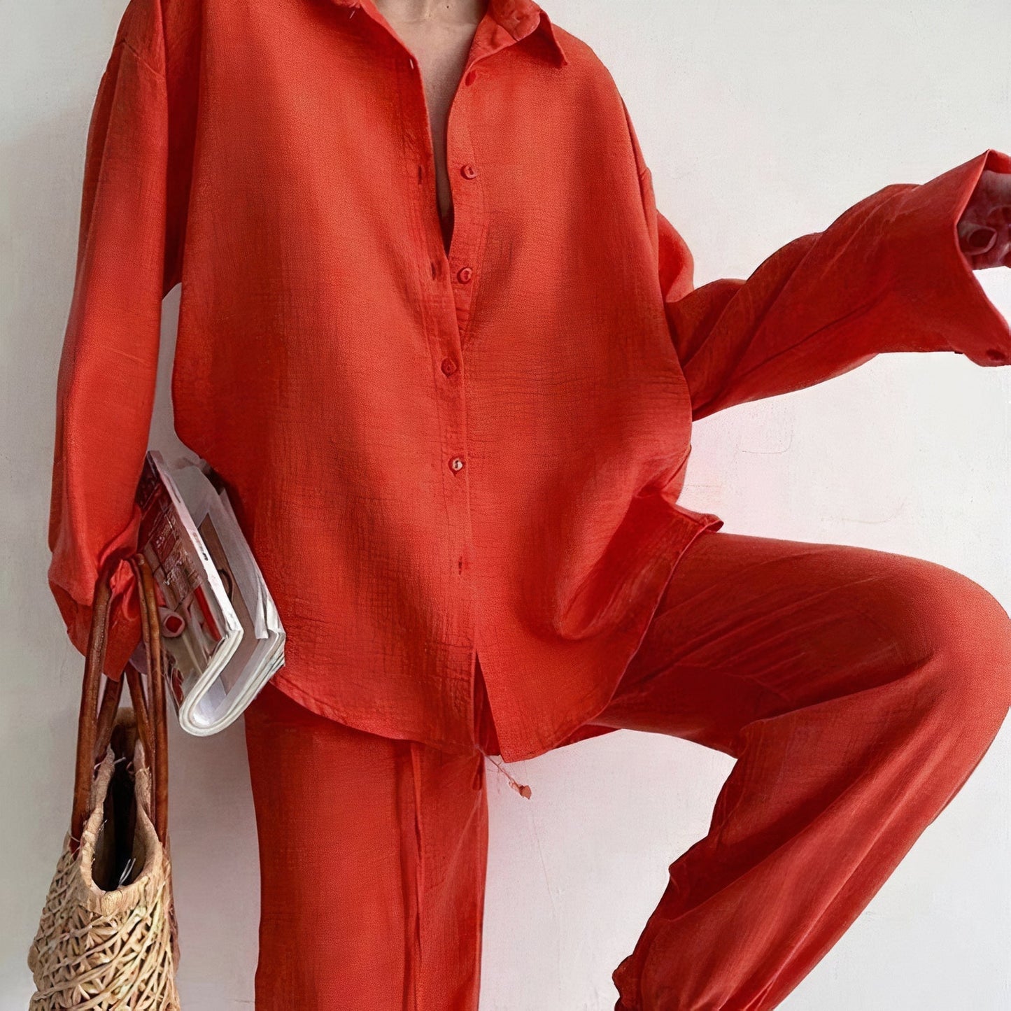 Comfortable Women's Linen Pants Shirt Set Relaxed Fit
