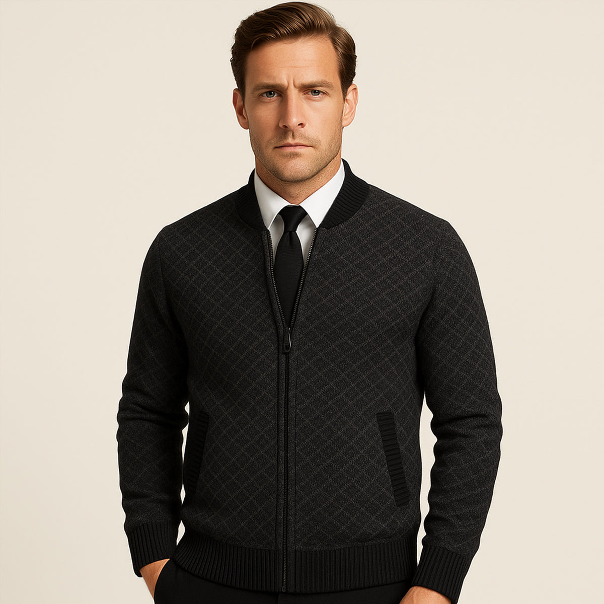The Bibbona Men’s Knitted Diamond Pattern Zip Up Cardigan 3