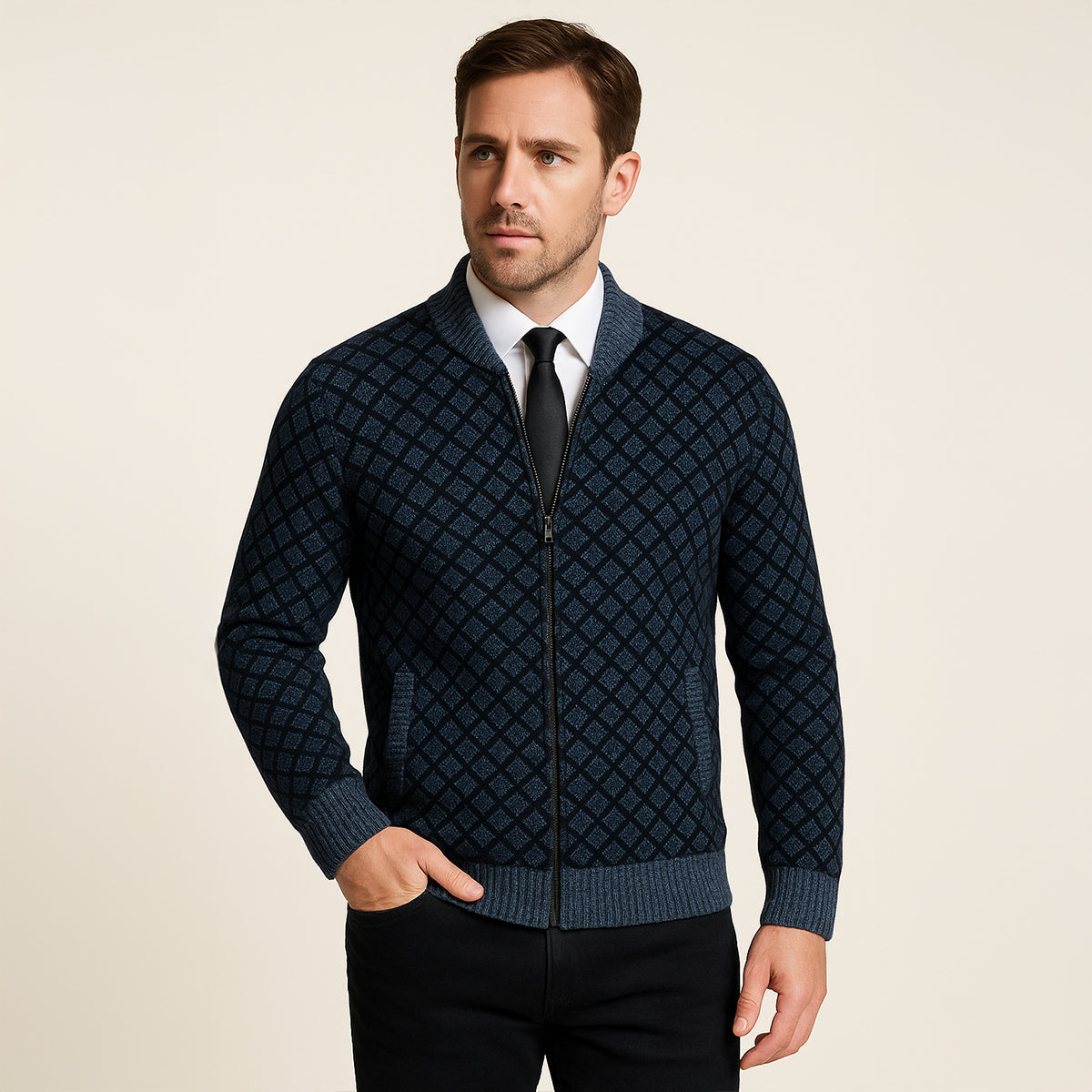 The Bibbona Men’s Knitted Diamond Pattern Zip Up Cardigan 7