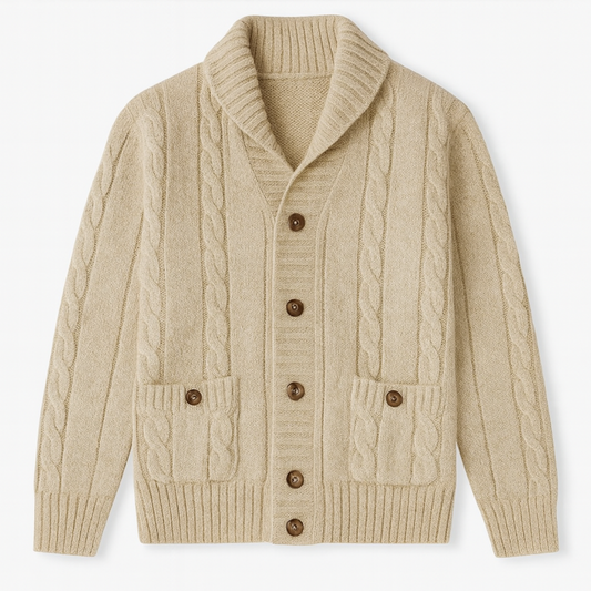 The Carlton Men’s Beige Cable Knit Merino Wool Cardigan 0