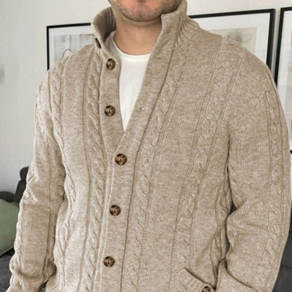 The Carlton Men’s Beige Cable Knit Merino Wool Cardigan 1