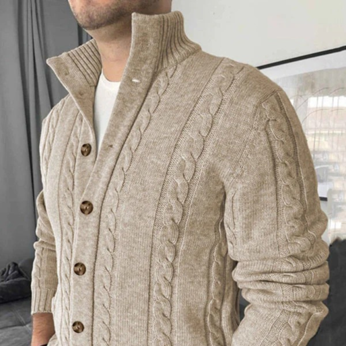 The Carlton Men’s Beige Cable Knit Merino Wool Cardigan 4