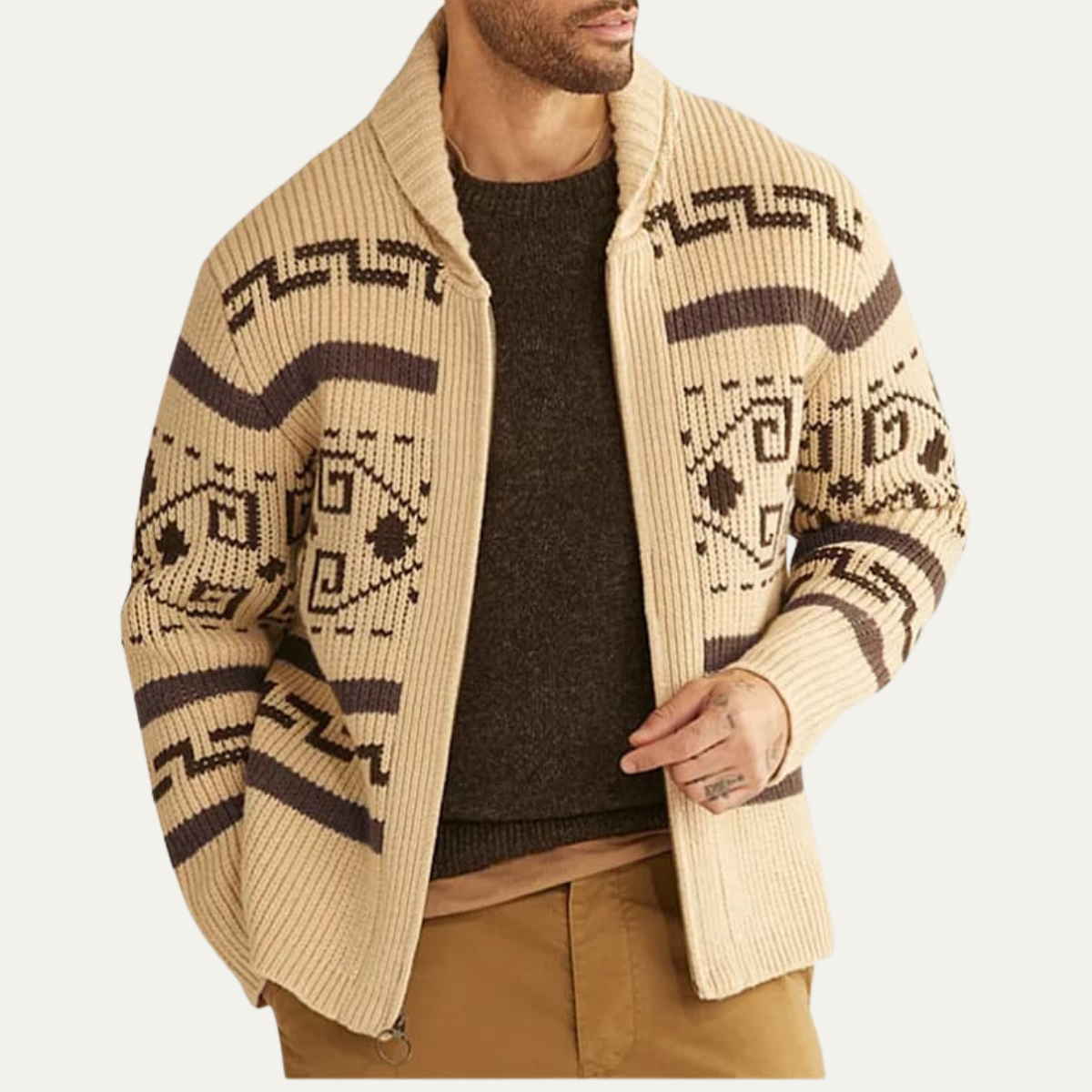 The Corvara Men’s Winter Shawl Collar Cardigan with Aztec Pattern 0