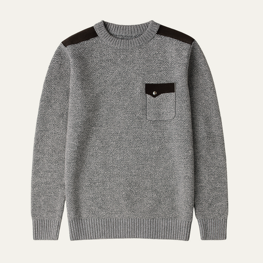 The Highland Men’s Luxury Grey Knit Autumn Winter Jumper – Suede Shoulder Detail 0