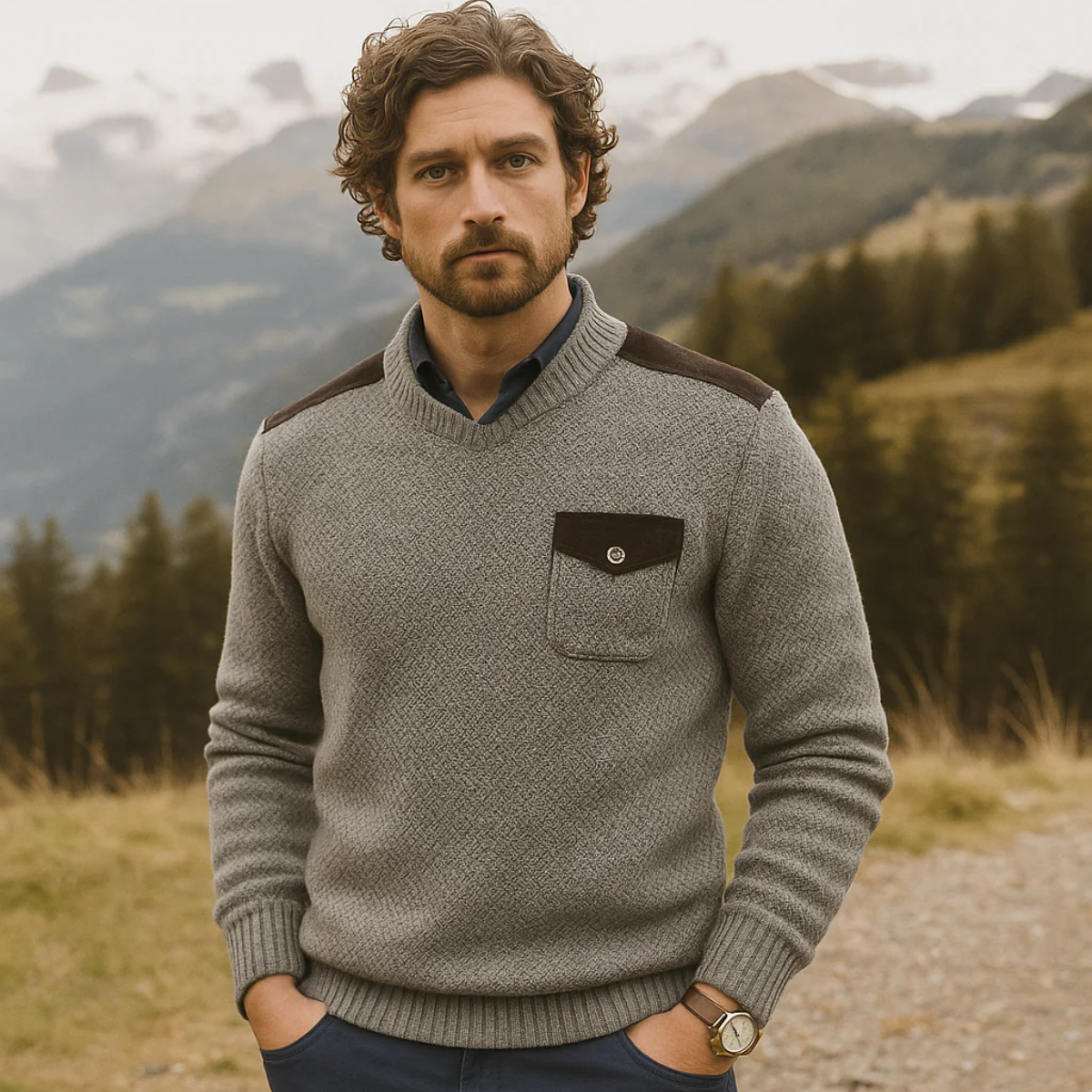 The Highland Men’s Luxury Grey Knit Autumn Winter Jumper – Suede Shoulder Detail 1