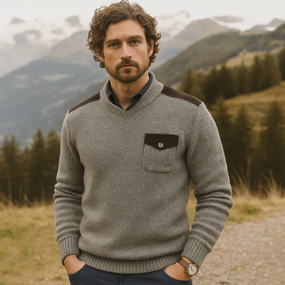 The Highland Men’s Luxury Grey Knit Autumn Winter Jumper – Suede Shoulder Detail 1