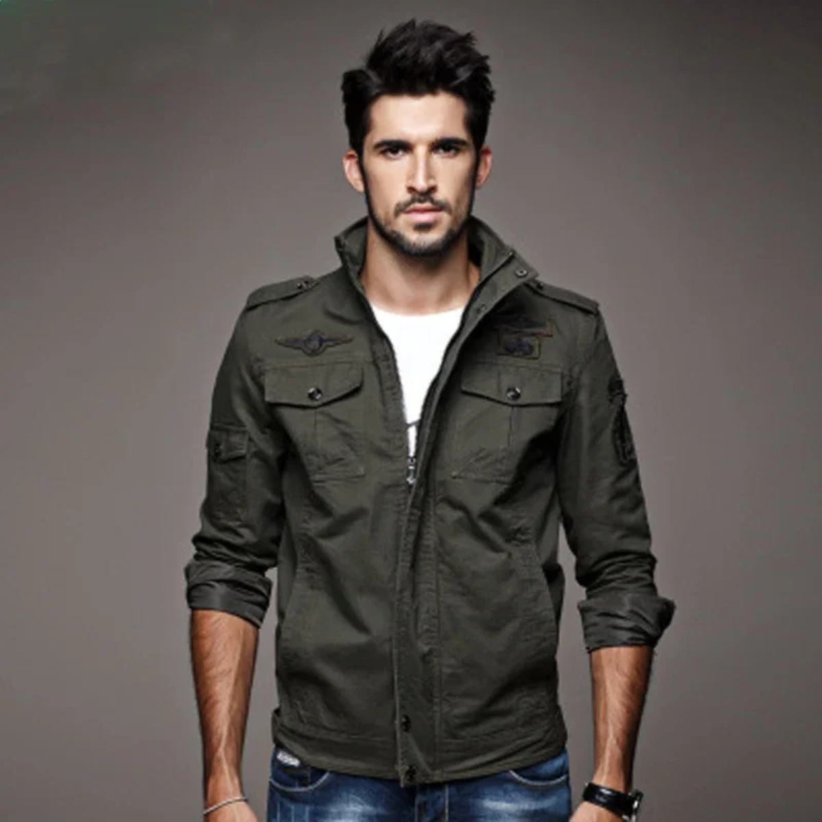 The Levanzo Men's Khaki Military Jacket with Stand Collar & Pockets 2