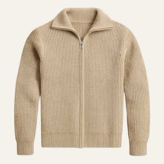 The Lisbon Men’s Knitted Full Zip Merino Wool Cardigan – Beige 0