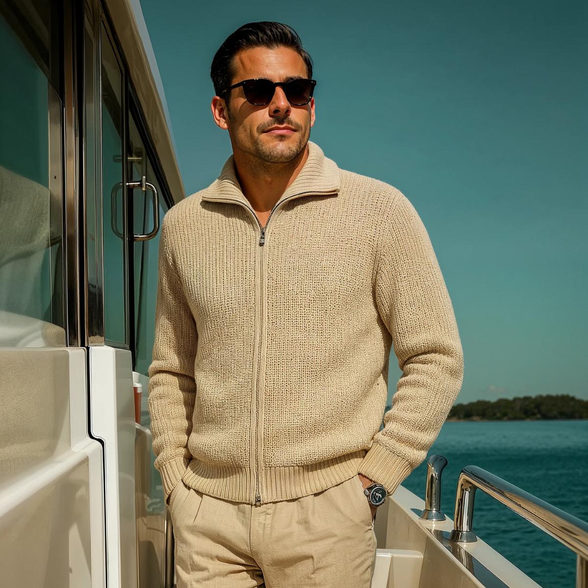 The Lisbon Men’s Knitted Full Zip Merino Wool Cardigan – Beige 1