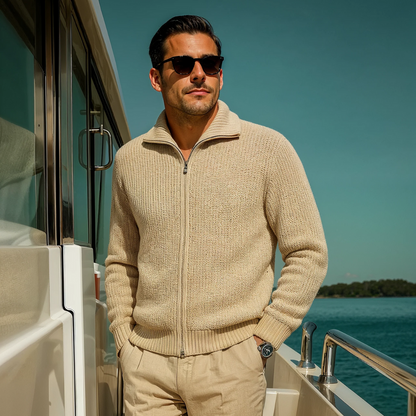 The Lisbon Men’s Knitted Full Zip Merino Wool Cardigan – Beige 1