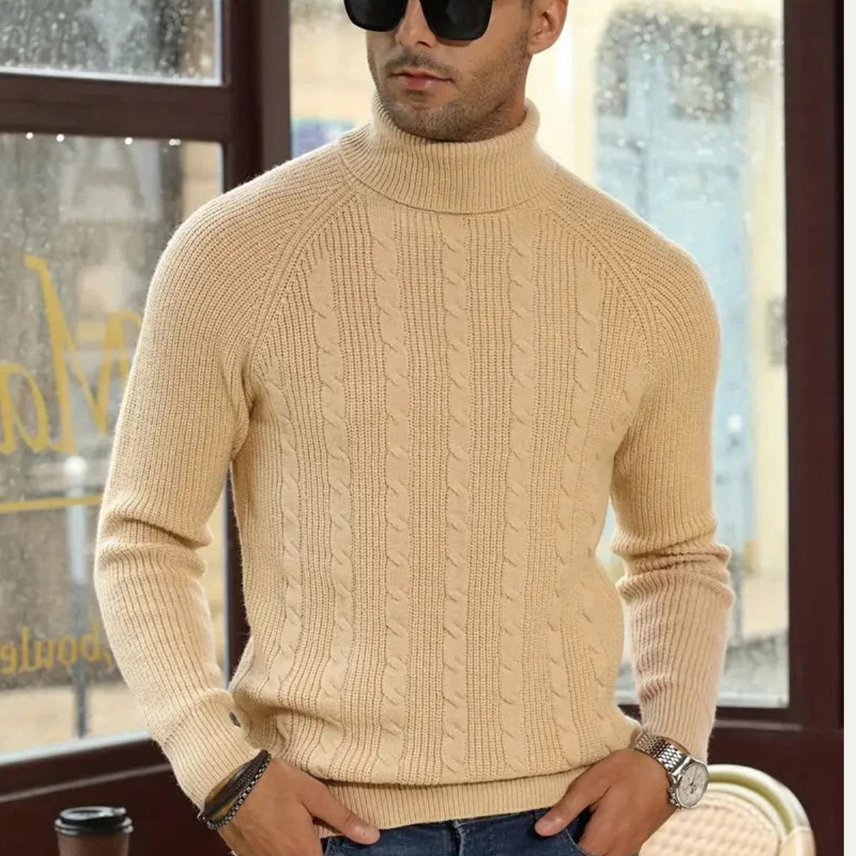The Richemont Men’s Classic Old Money Cable Knit Turtleneck Jumper - Beige 1