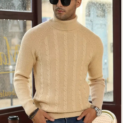 The Richemont Men’s Classic Old Money Cable Knit Turtleneck Jumper - Beige 1