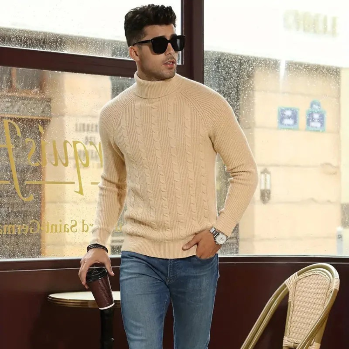 The Richemont Men’s Classic Old Money Cable Knit Turtleneck Jumper - Beige 2