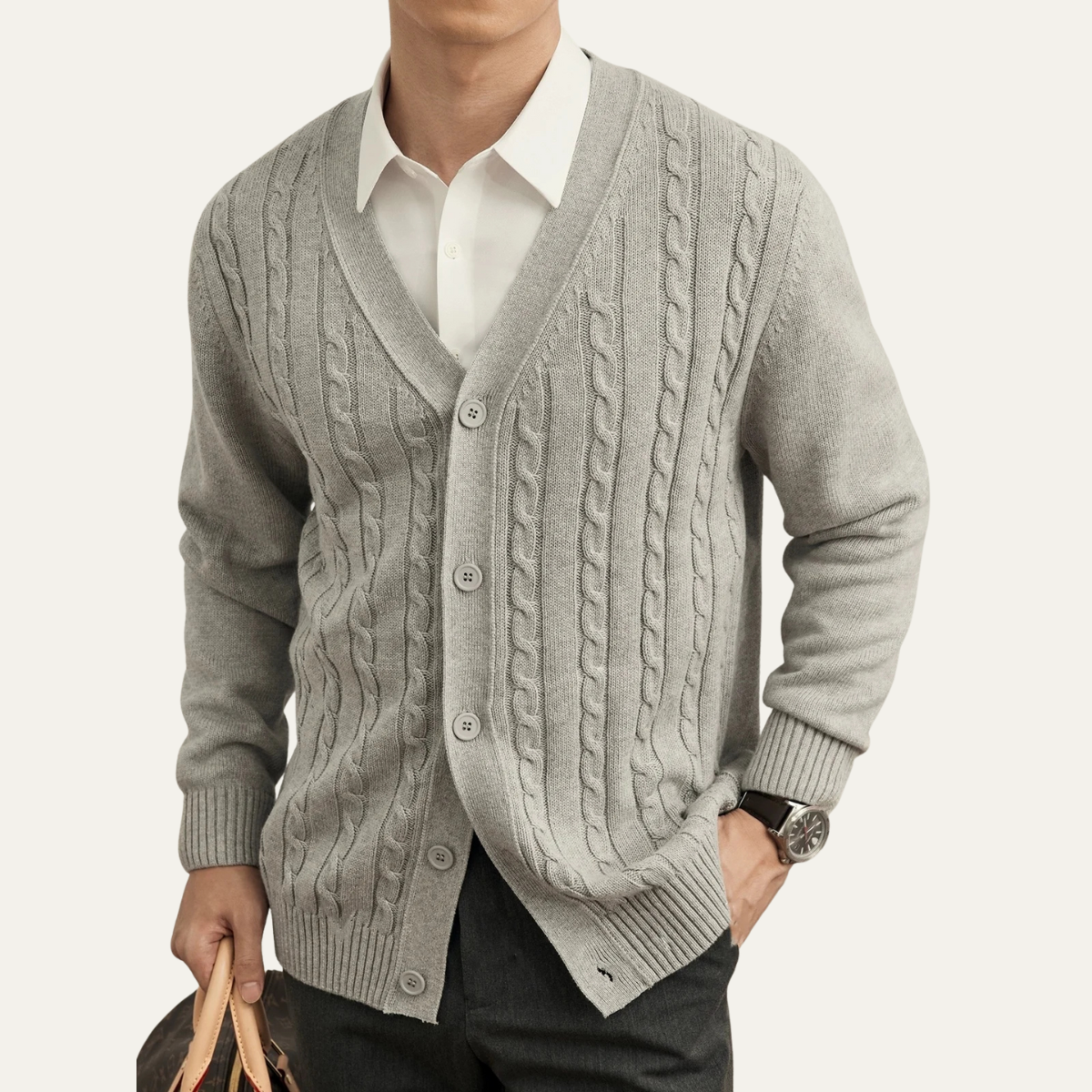 The Rochester Men's Classic Cable Knit Button Up Cardigan 1
