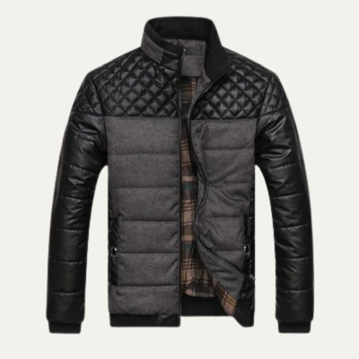 The Roma Men's Quilted Leather Padded Jacket with Stand Collar 3