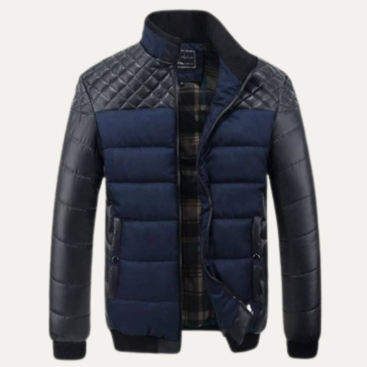 The Roma Men's Quilted Leather Padded Jacket with Stand Collar 4