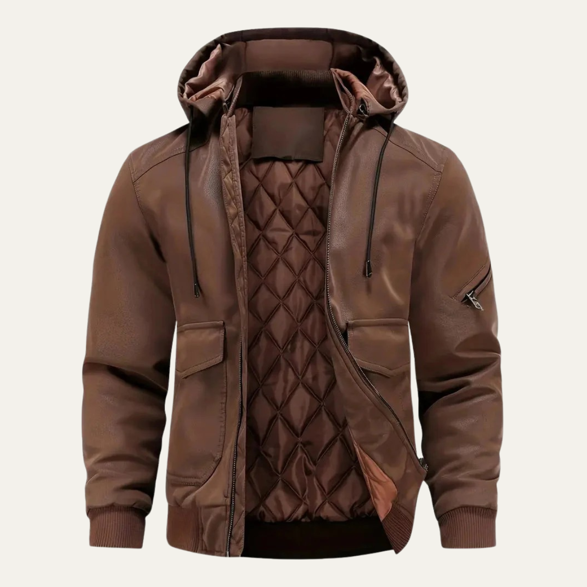 The Waldorf Men’s Brown Leather Puffer Jacket – Luxury Winter Coat with Hood 0