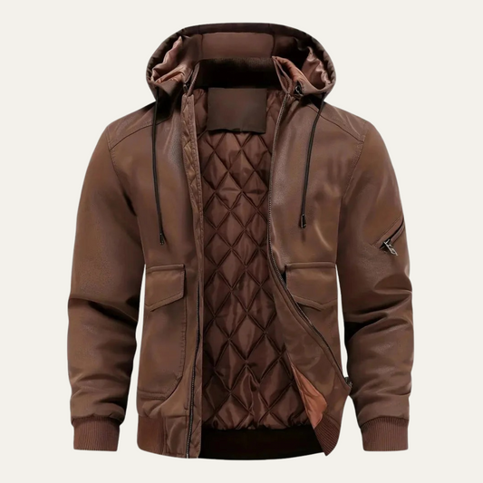 The Waldorf Men’s Brown Leather Puffer Jacket – Luxury Winter Coat with Hood 0