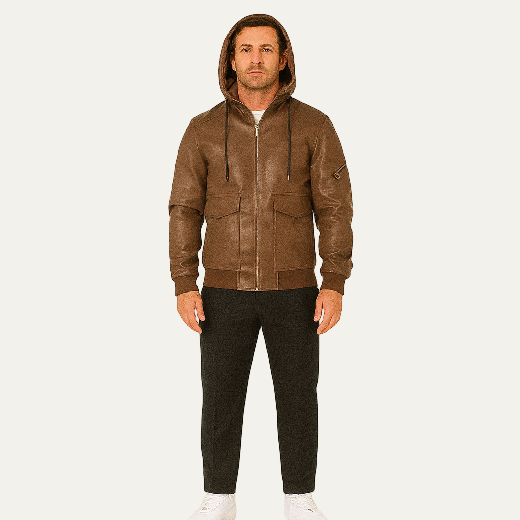The Waldorf Men’s Brown Leather Puffer Jacket – Luxury Winter Coat with Hood 2