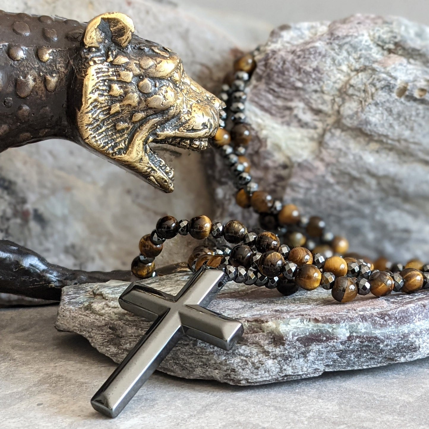 Men's Blue and Brown Gemstone Prayer Necklace - VogeLuxe