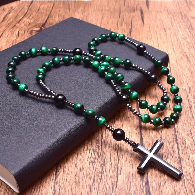 Men's Blue and Brown Gemstone Prayer Necklace