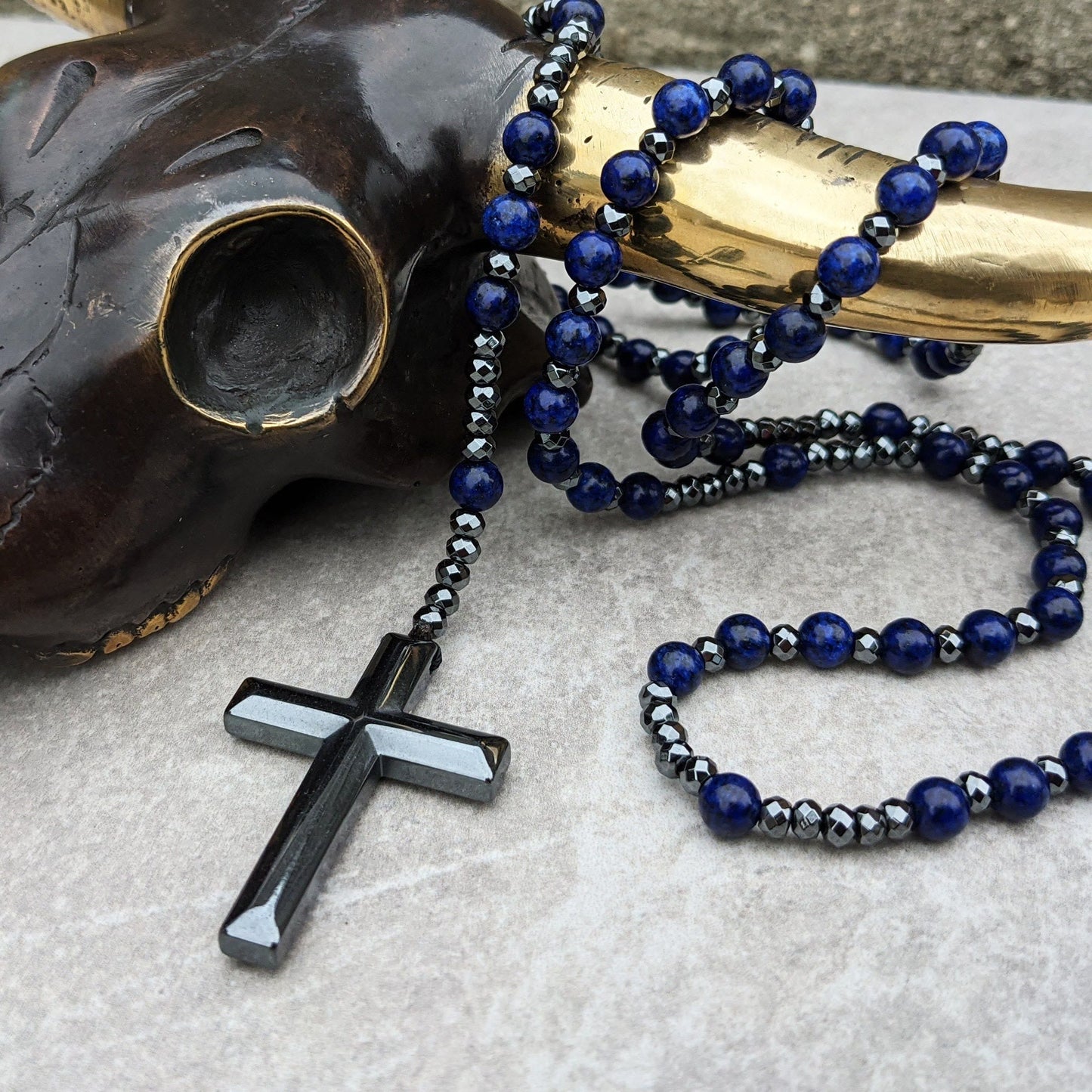 Men's Blue and Brown Gemstone Prayer Necklace