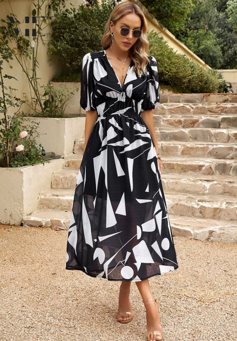 Beautiful Floral Women's Midi Dress with Puffy Sleeves