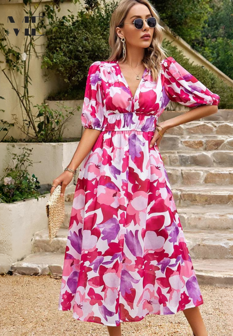 Beautiful Floral Women's Midi Dress with Puffy Sleeves