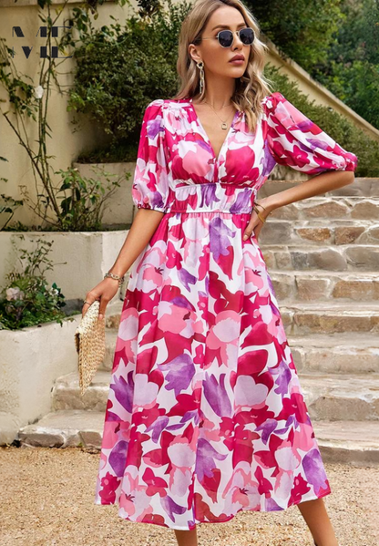 Beautiful Floral Women's Midi Dress with Puffy Sleeves