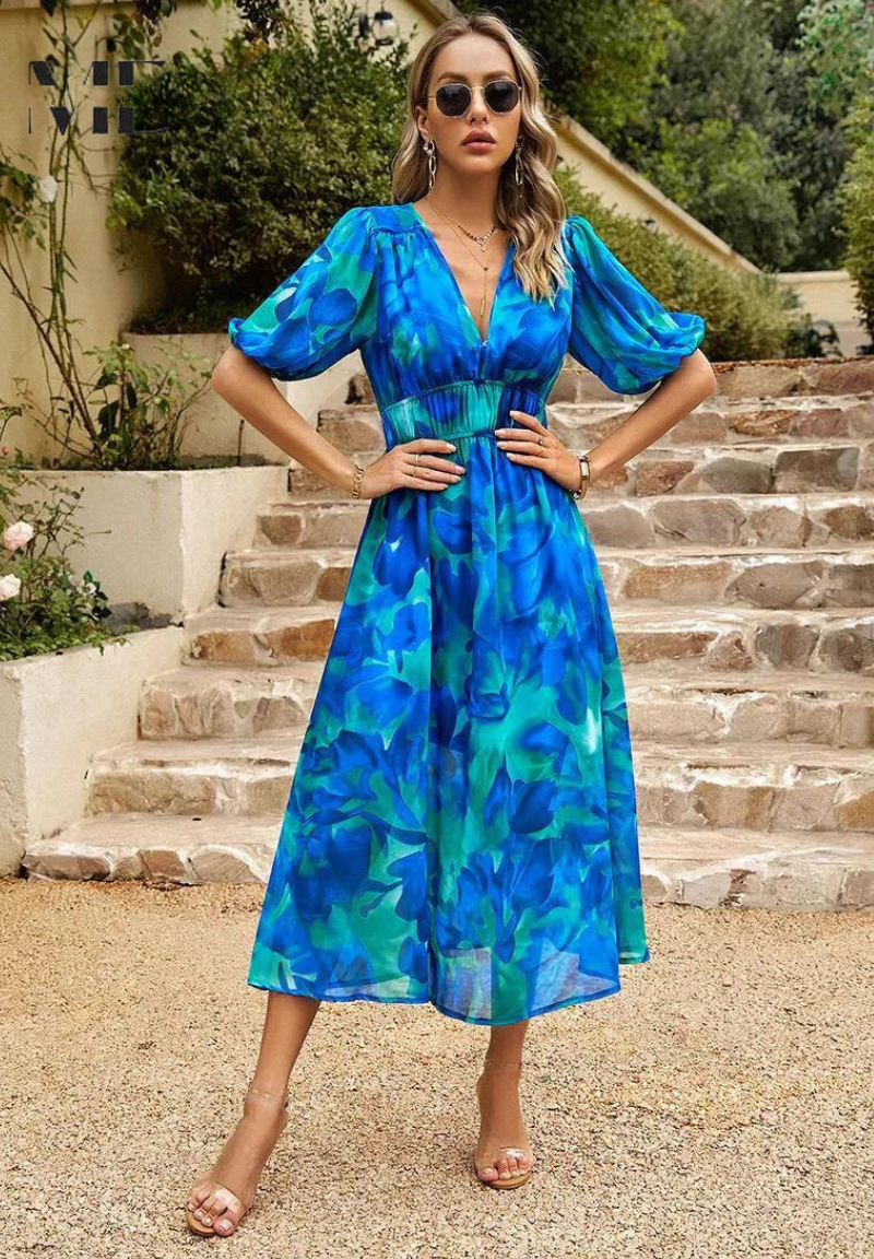 Beautiful Floral Women's Midi Dress with Puffy Sleeves