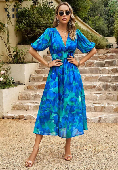 Beautiful Floral Women's Midi Dress with Puffy Sleeves