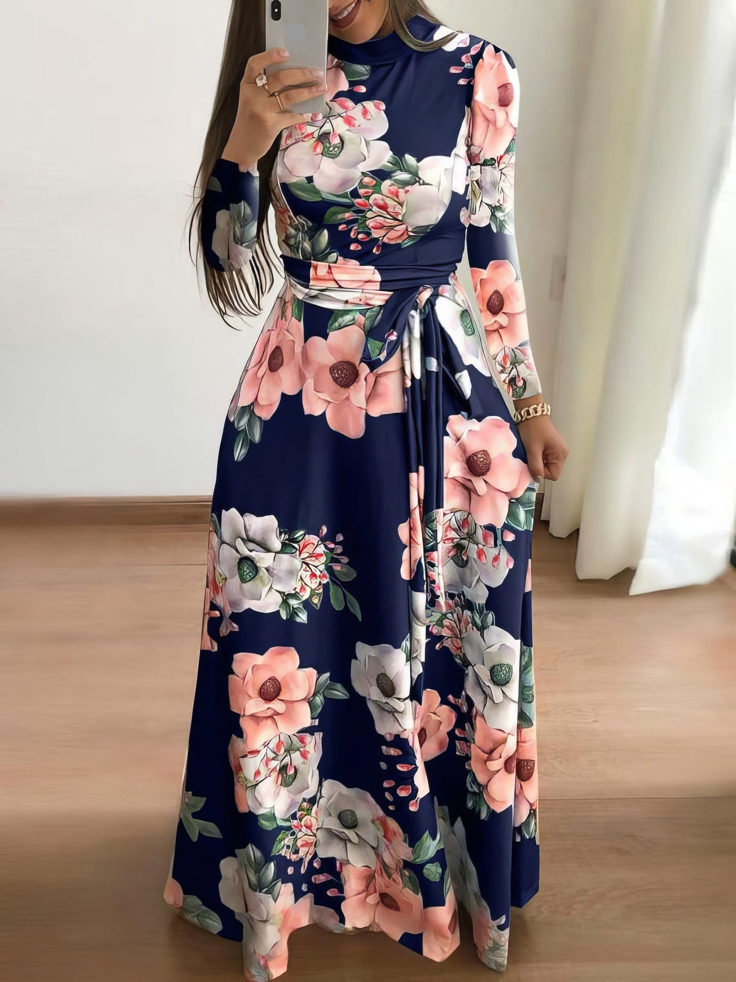 Elegant Floral Maxi Dress for Women with Long Sleeves - BritishElegance
