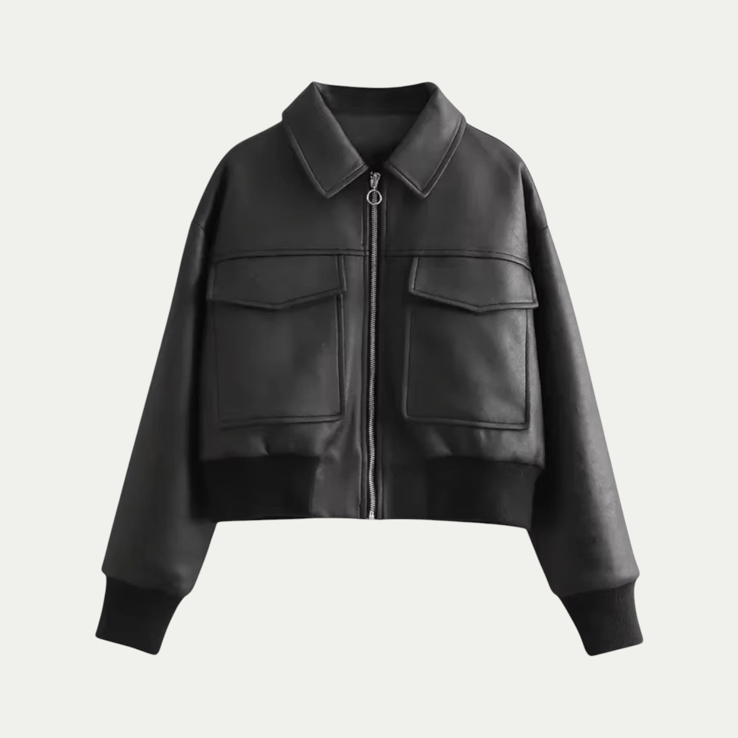 Women Cropped Leather Bomber Jacket Black 0