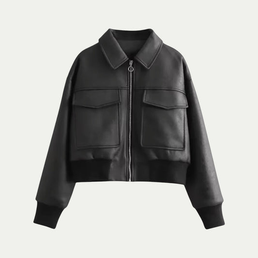 Women Cropped Leather Bomber Jacket Black 0