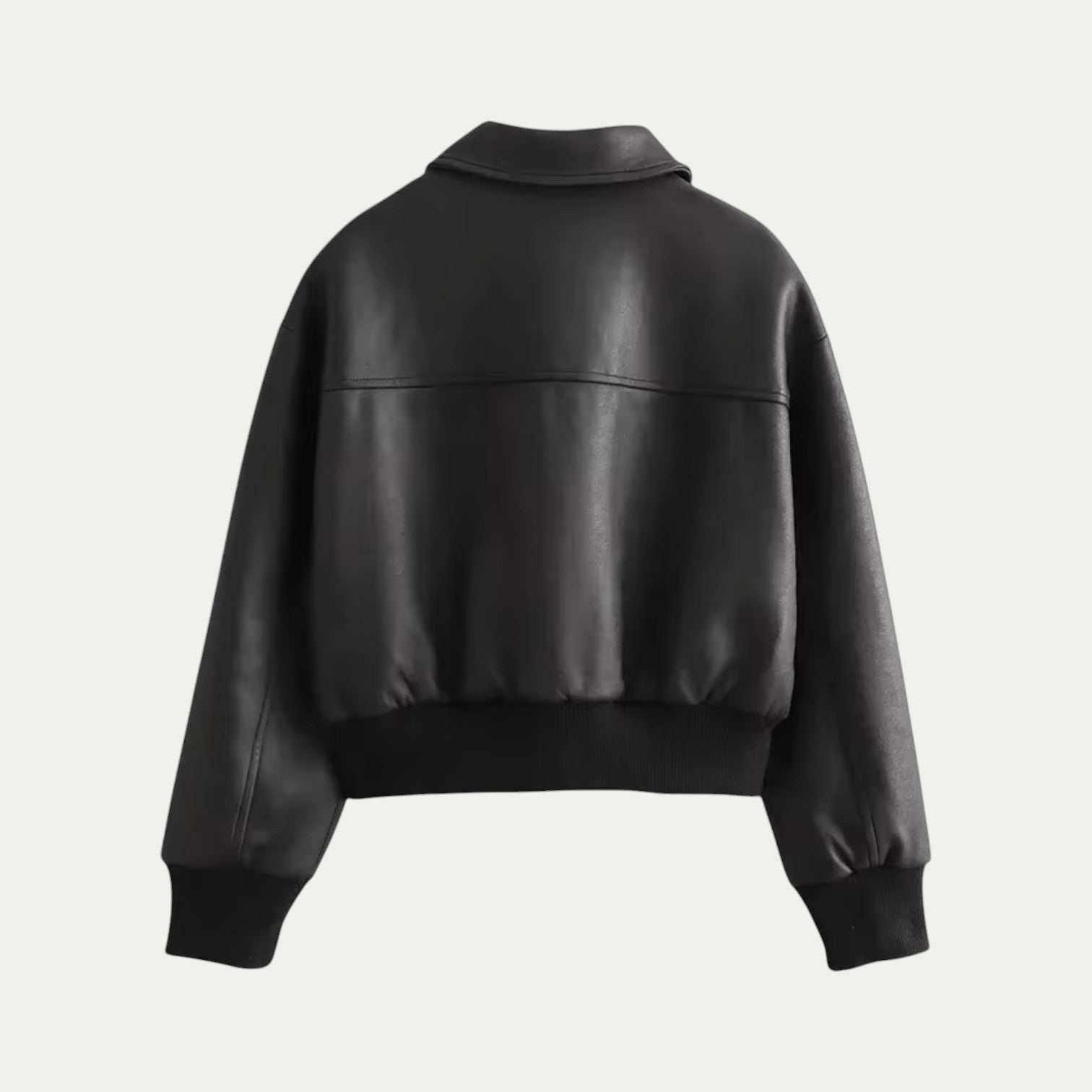 Women Cropped Leather Bomber Jacket Black 1