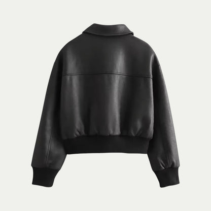 Women Cropped Leather Bomber Jacket Black 1