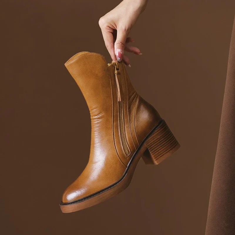 VogeLuxe | Women’s Leather Chunky Heel Ankle Boots