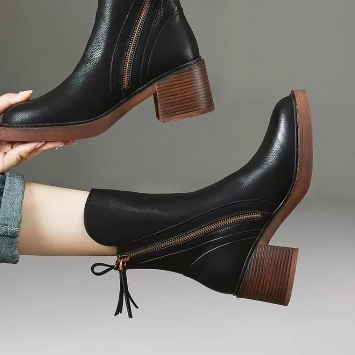 VogeLuxe | Women’s Leather Chunky Heel Ankle Boots