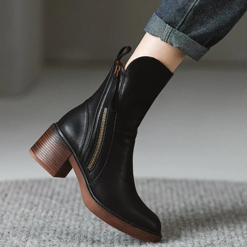 VogeLuxe | Women’s Leather Chunky Heel Ankle Boots