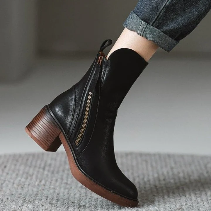 VogeLuxe | Women’s Leather Chunky Heel Ankle Boots