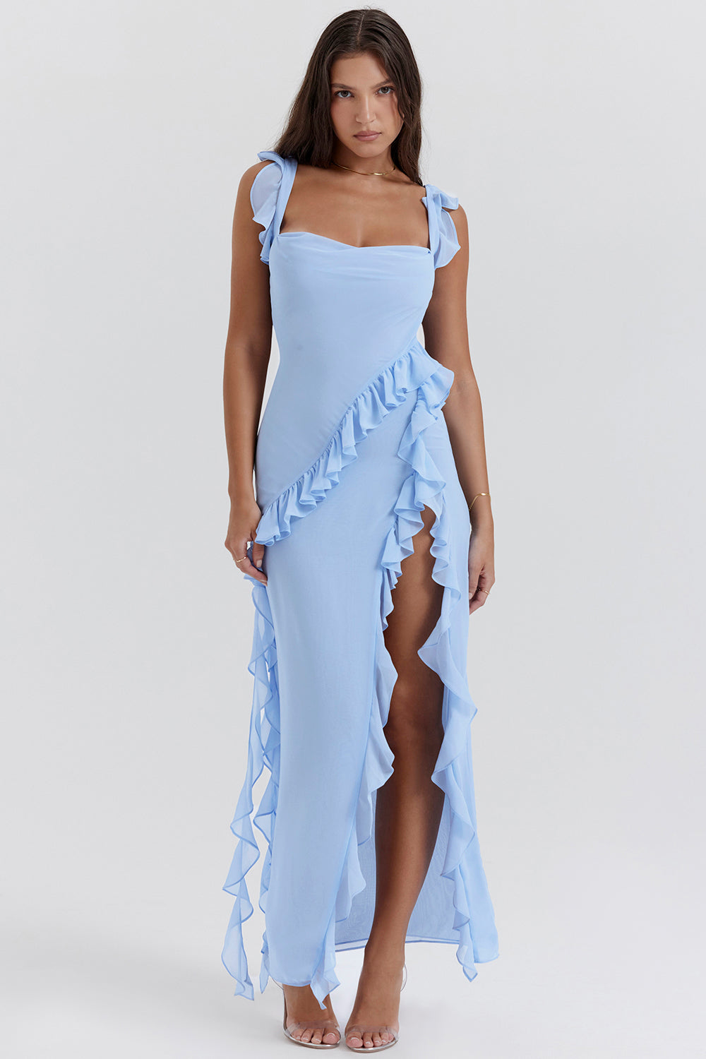 Long Flowy Dress with Ruffles and High Slit