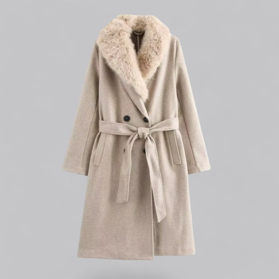 Women’s Beige Double-Breasted Trench Coat with Faux Fur Collar – Belted Longline Design 0