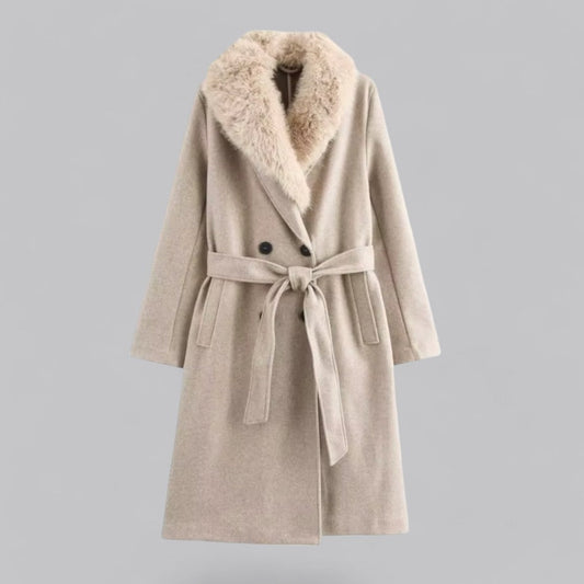 Women’s Beige Double-Breasted Trench Coat with Faux Fur Collar – Belted Longline Design 0