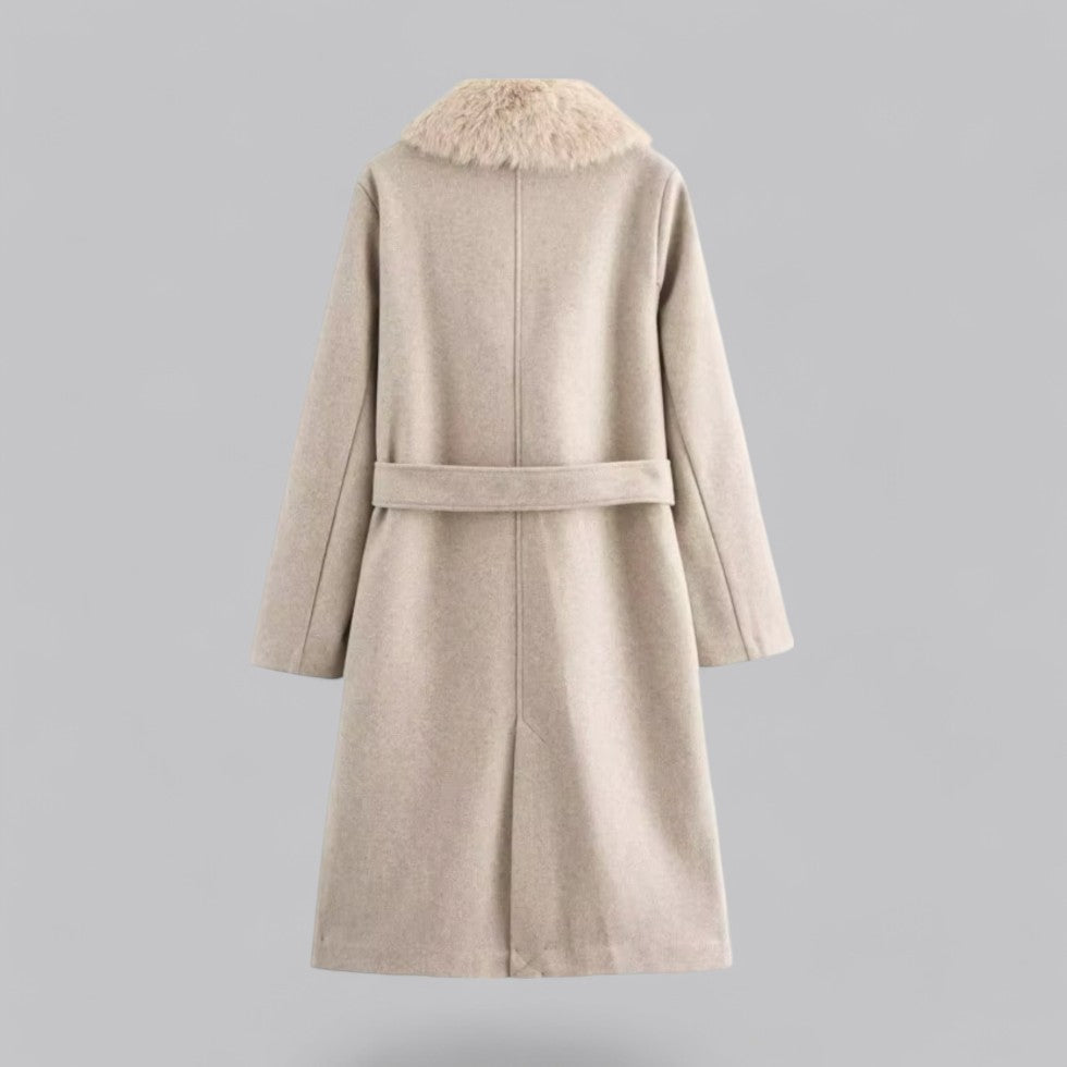 Women’s Beige Double-Breasted Trench Coat with Faux Fur Collar – Belted Longline Design 1