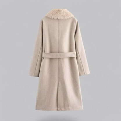 Women’s Beige Double-Breasted Trench Coat with Faux Fur Collar – Belted Longline Design 1