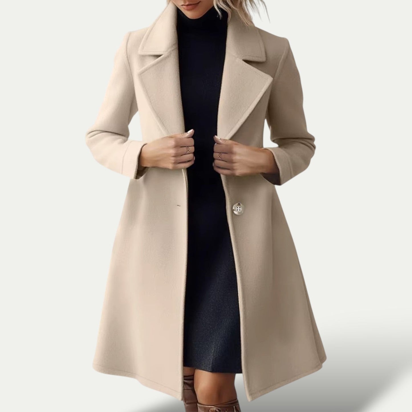 Women’s Beige Long Winter Overcoat – Elegant Lapel Wool-Style Coat 1