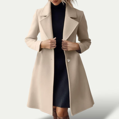Women’s Beige Long Winter Overcoat – Elegant Lapel Wool-Style Coat 1